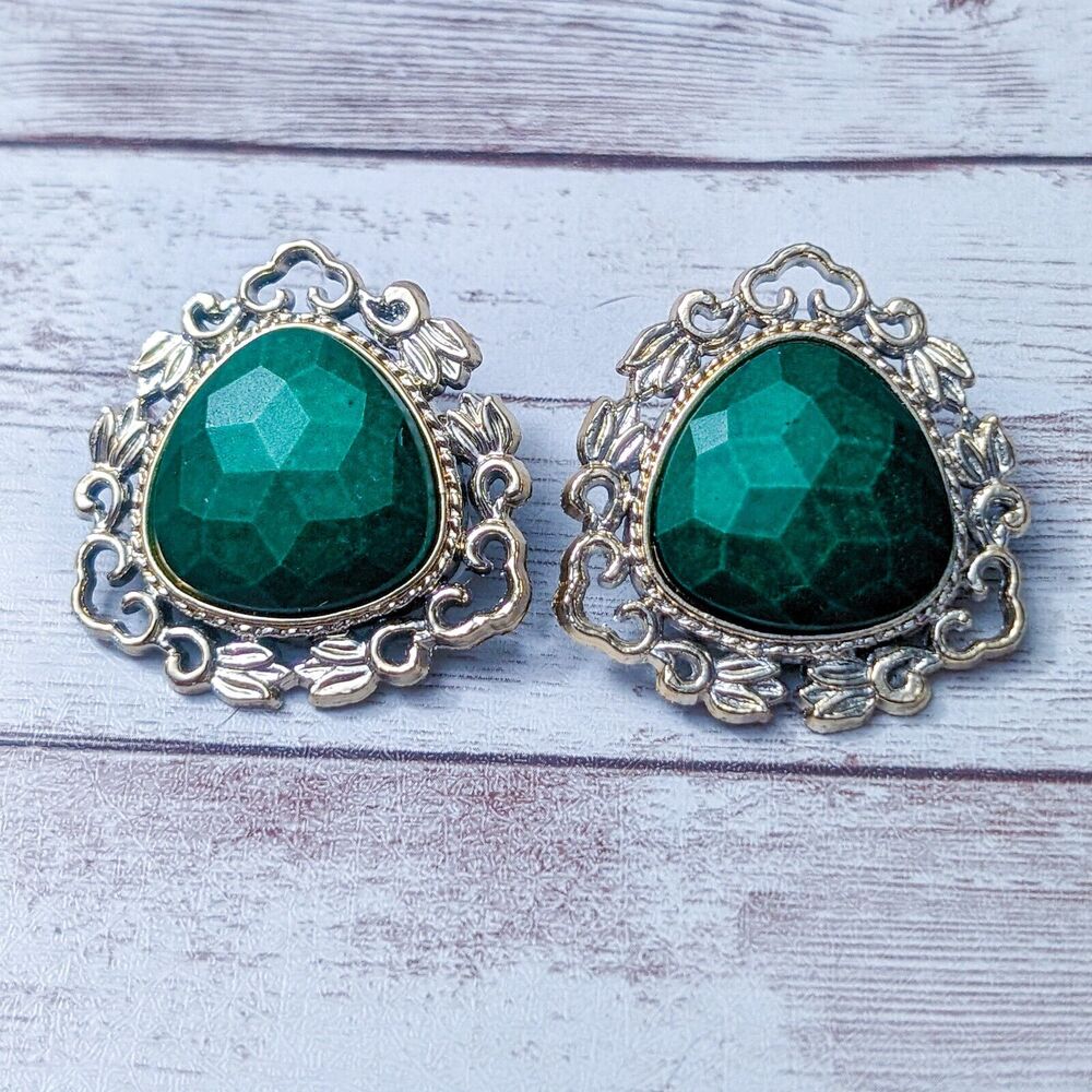 Vintage Clip On Earrings - 1.5" Triangular Shape Green & Gold Tone